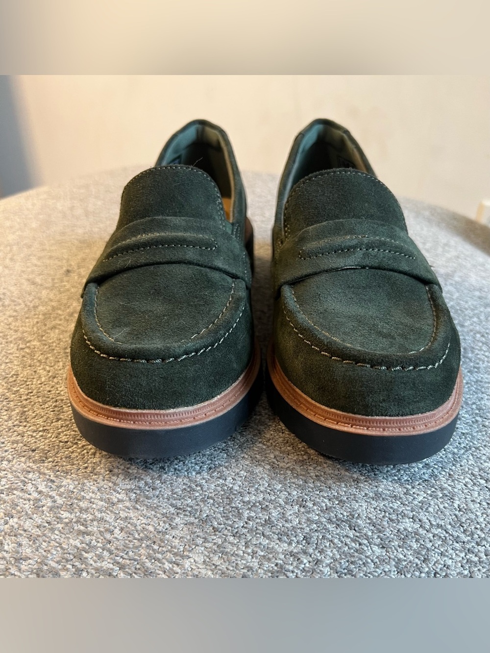 Clarks Women’s Dark Green Suede Penny Loafers with Brown Trim - Picture 6 of 8